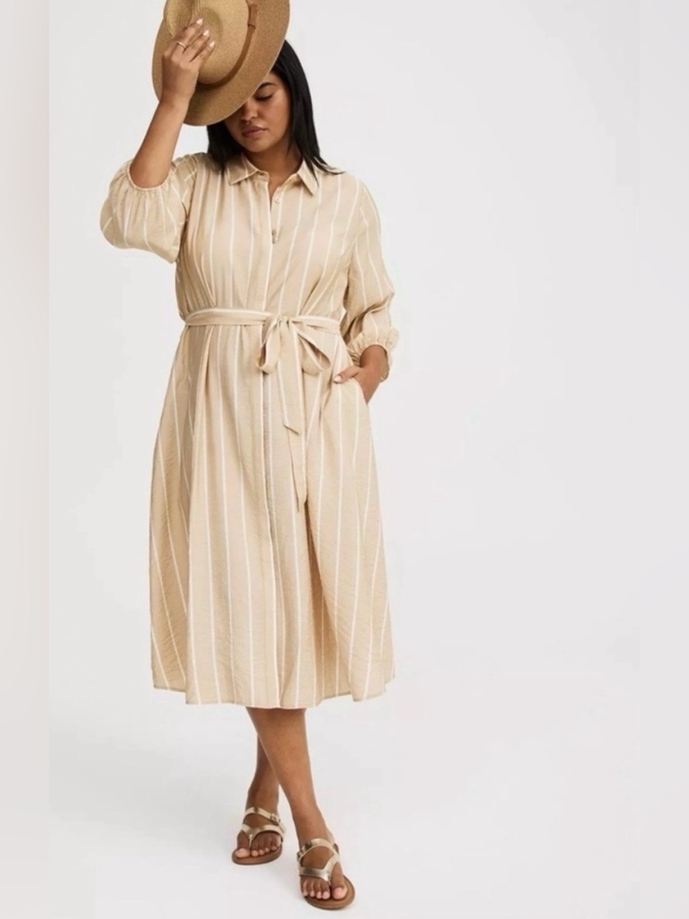 torrid Tan and White Striped Midi Shirt Dress with Tie Waist